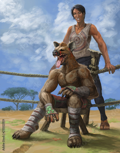 Fototapeta Were-hyena cage fighter resting in his corner between fight rounds with his girl