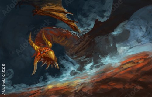 Fototapeta Czerwony smok usiany wirującą wokół niego niebieską magiczną mgłą - Cyfrowe malarstwo fantasy