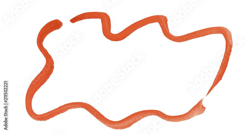 Orange watercolor hand-drawn isolated stain with outlines wash on white background for text, design. Abstract texture, frame, made by brush for wallpaper, label.