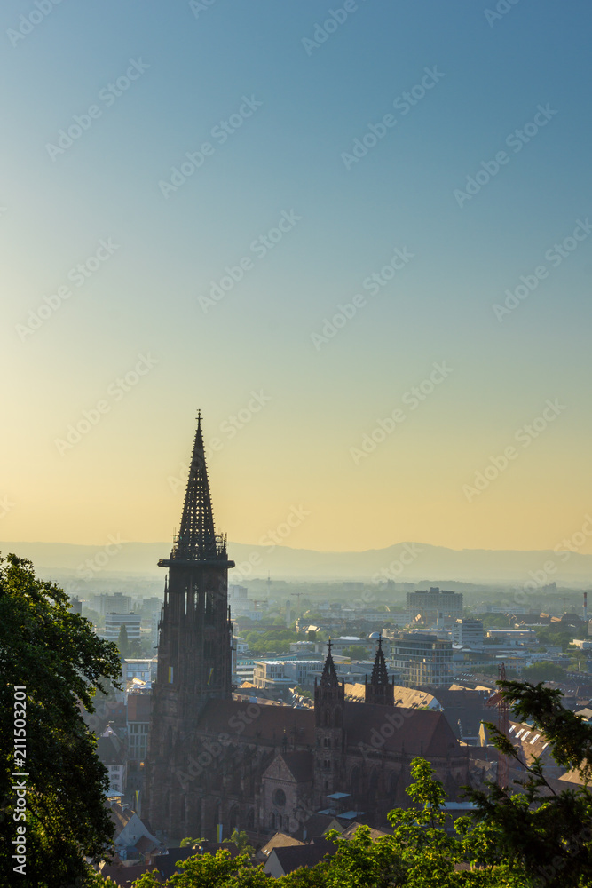 Obraz premium Germany, Evening light over Minster of Freiburg im Breisgau