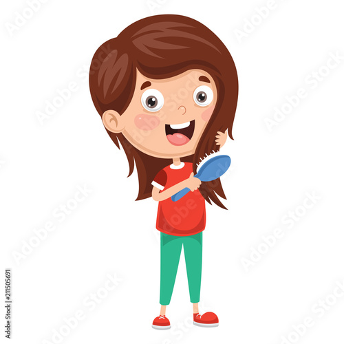 Vector Illustration Of Kid Brushing Hair