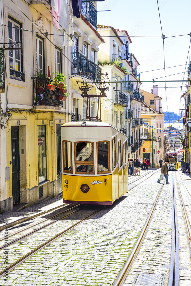 lisbon, characteristic electric tram of the city