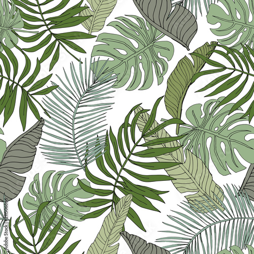  Green banana, monstera, palm leaves with white background. Vector seamless pattern. Tropical jungle foliage illustration. Exotic plants greenery. Summer beach floral design. Paradise nature graphic