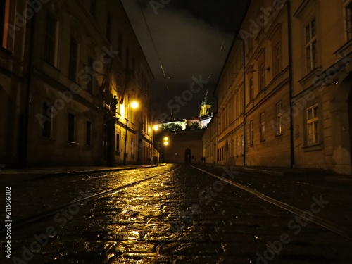 Old City Historic Street Romantic Road View with Lamp at Night