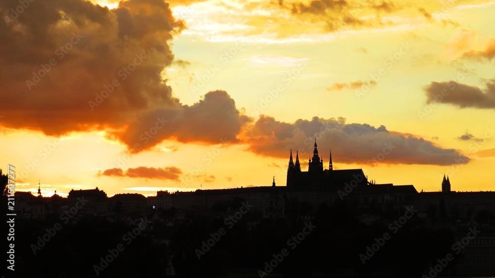 Beautiful Panorama of Prague Old Historical Castle During Sunset, Hradcany, Czech Republic