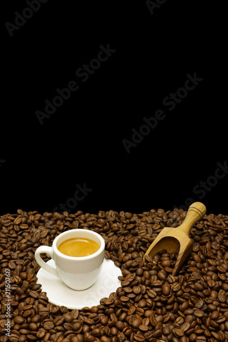 Hot coffee espresso with coffee beans 