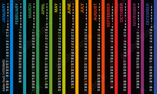 Creative wall calendar 2019 with vertical rainbow design, sundays selected, english language. Multicolored template for web, business, print, postcard, wall, bookmark and banner.