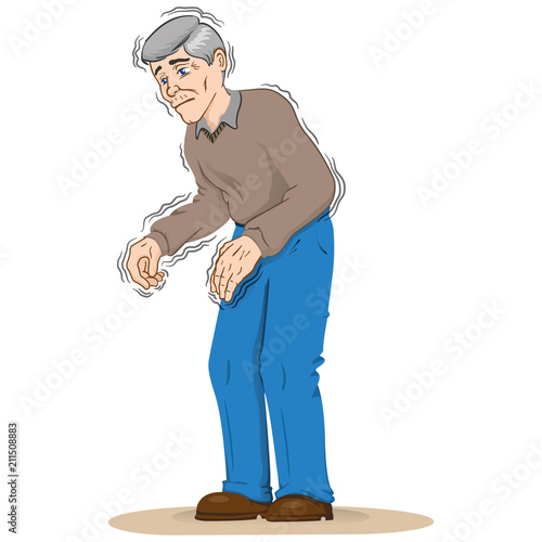 Elderly person with trembling symptoms of Parkinson's, cold or fear, Caucasian. Ideal for educational and institutional and medical materials