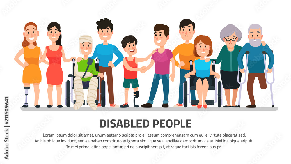 Help disabled person. Happy disability people, young student in wheelchair, handicapped boy with group of friends vector illustration Help disabled person. Happy disability people, young student in wheelchair, handicapped boy with group of friends vector illustration
