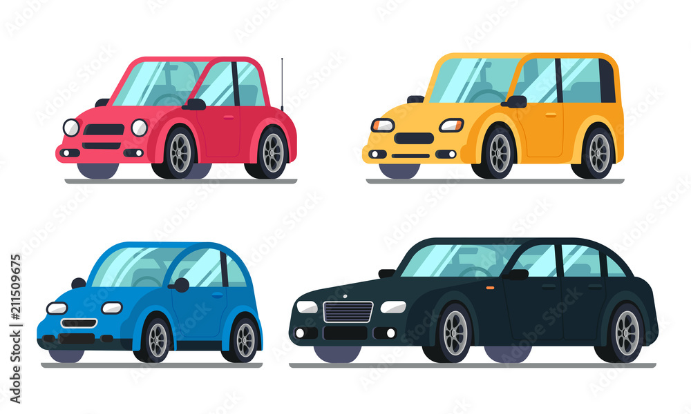 Different flat cars. Cheap motor car on wheels, family hybrid sedan passenger suv luxury premium vehicle vector illustration