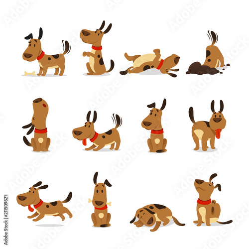 Cartoon dog set. Dogs tricks and action digging dirt eating pet food jumping sleeping running and barking vector illustration