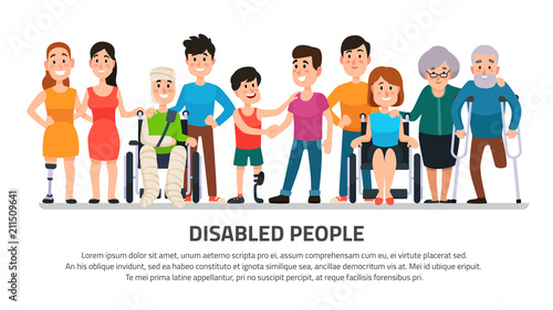 Help disabled person. Happy disability people, young student in wheelchair, handicapped boy with group of friends vector illustration