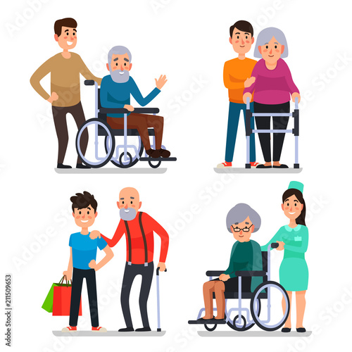 Help old disabled people. Social worker of volunteer community helps elderly citizens on wheelchair, senior with cane vector illustration