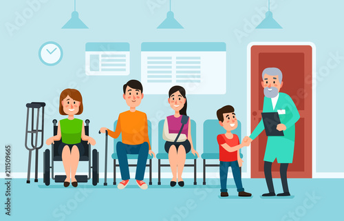 Doctor waiting room. Patients wait doctors and medical help on chairs in hospital. Patient at busy clinic hall vector illustration © Tartila