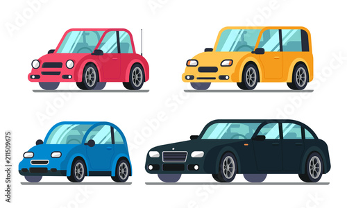 Different flat cars. Cheap motor car on wheels  family hybrid sedan passenger suv luxury premium vehicle vector illustration