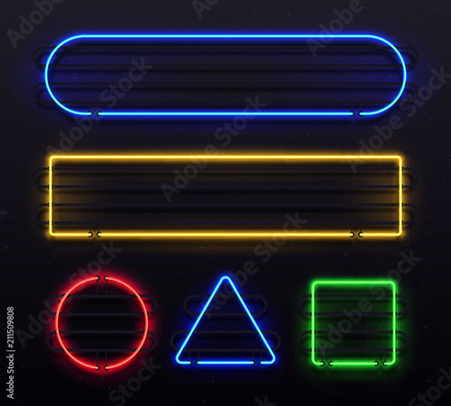 Realistic neon frame. Shiny banner with electric border glow and light vintage bar illuminated frames. Retro glowing borders vector set