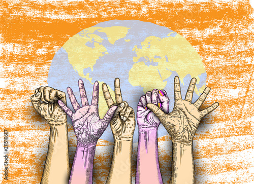 Multiracial fists hands up. Concept of yes you can, unity, revolution, fight, cooperation. Ink design. Creative symbol of teamwork with space for your text. Vector.