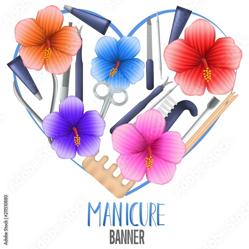 Heart vector banner design with realistic manicure equipment. Mesh gradient object of scissors,nail file,polish,brush,cuticle nipper,orangewood stick. Nail care salon label. Vector illustration.