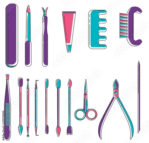 Set of linear colored manicure objects. Flat icons of scissors,nail file,clipper, polish, brush, cuticle nipper, orangewood stick, pusher, dotting pen. Vector nail care collection. Spa salon.