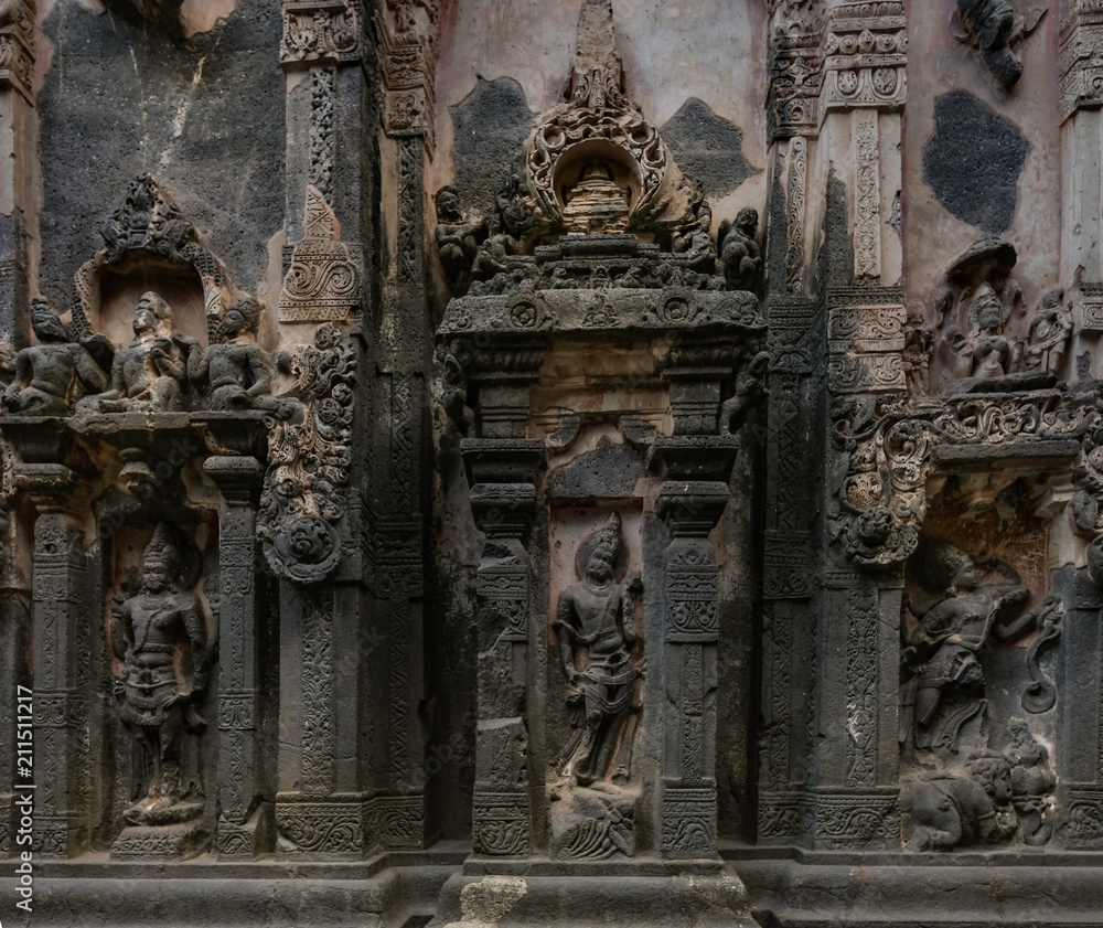 Ancient Ellora rock carved Buddhist temple, Aurangabad, Maharashtra, India