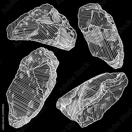 Rock stone hand drawn style. Big set of different boulders. Collection of illustrated cracked and damaged stones rubble architecture design. Gold nugget or prill. Vector.