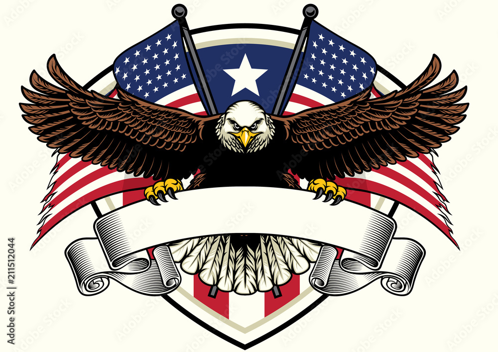 Naklejka premium łysy orzeł projekt trzyma pustą wstążkę z flagami USA