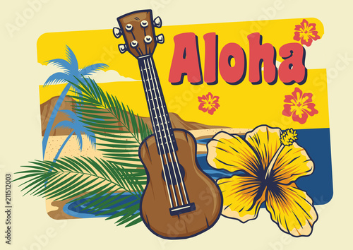 aloha hawaii ukulele in vintage style