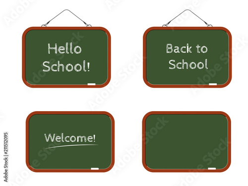 Set of green school boards with white inscriptions "Back to school", "Welcome" and "Hello school" and blank template for your text, isolated on white