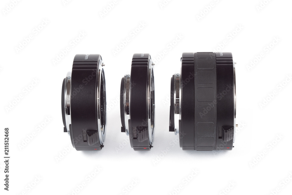 Extension rings for macro photography. Automatic tube set as macro lense alternative isolated.