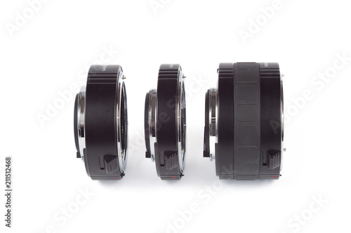 Extension rings for macro photography. Automatic tube set as macro lense alternative isolated.