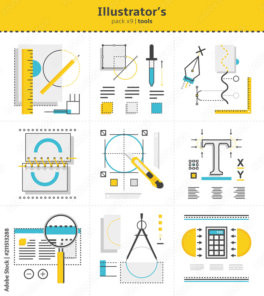 Isolated illustrator`s tools to use in work icons. Vector multi colored illustration on light background. Original graphics set. EPS10. Isolated illustrator`s tools to use in work icons. Vector multi colored illustration on light background. Original graphics set. EPS10.