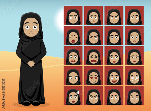 Arab Woman Cartoon Emotion faces Vector Illustration