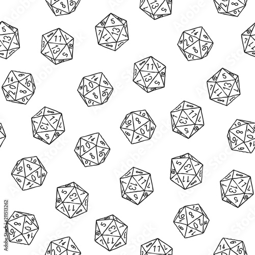 Seamless hand-drawn icosahedron print. Vector monochrome illustration on light background. Original sketched d20 pattern. ESP10. photo