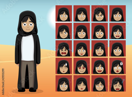 Arab Teen Girl Cartoon Emotion faces Vector Illustration