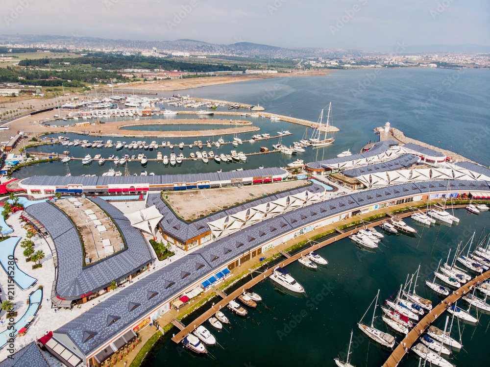 Istanbul, Turkey - February 23, 2018: Aerial Drone View of Viaport Marina in Tuzla Istanbul
