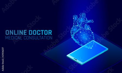 Doctor online medical app mobile applications. Digital heathcare medicine diagnosis concept banner. Human heart smartphone low poly geometric innovation technology vector illustration