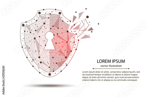 Cyber-Security Technology. Security Violation. shield, created from lines and points with elements of destruction. Isolated from low poly wireframe on white background.