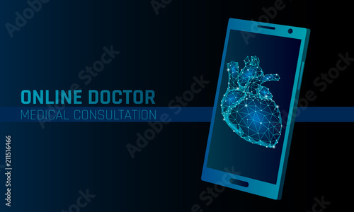 Doctor online medical app mobile applications. Digital heathcare medicine diagnosis concept banner. Human heart smartphone low poly geometric innovation technology vector illustration