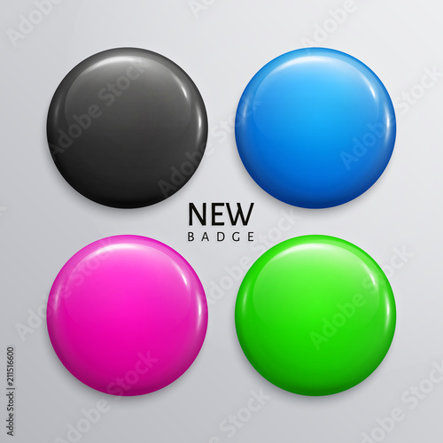 Blank glossy badges, pins or web buttons in four colors, black, blue, magenta and green. Vector.
