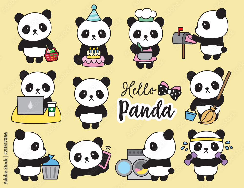 Naklejka premium Ilustracja wektorowa czynności planowania cute panda, w tym gotowanie, sprzątanie, praca, pranie, ćwiczenia, zakupy spożywcze itp.