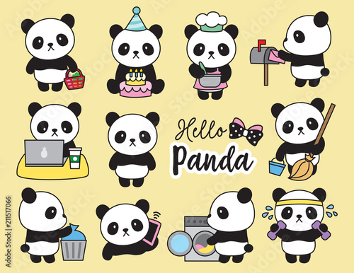 Fototapeta Naklejka Na Ścianę i Meble -  Vector illustration of cute panda planner activities including cooking, cleaning, working, doing laundry, working out, grocery shopping, etc.
