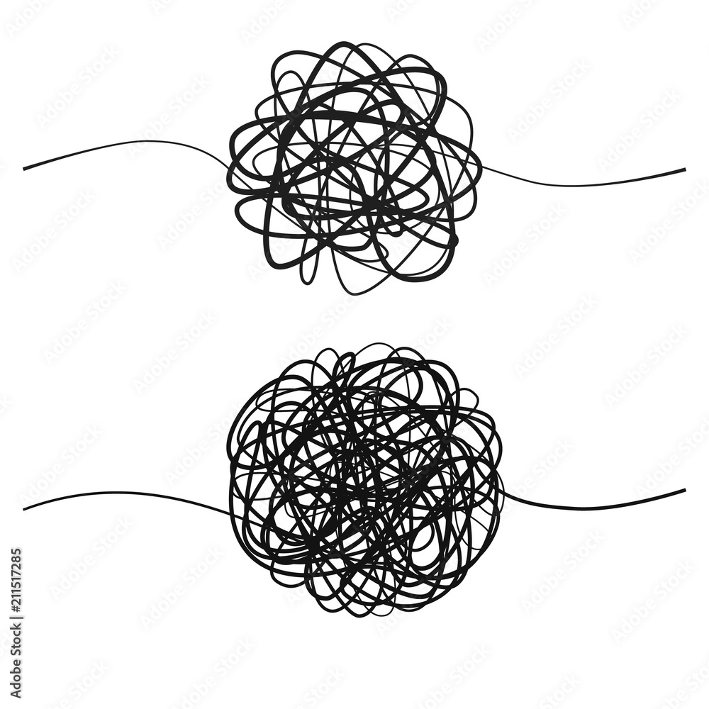 Set of complicated black line way. Hand drawn tangle of tangled thread.  Sketch spherical abstract scribble shape. Vector illustration isolated on  white background Stock Vector