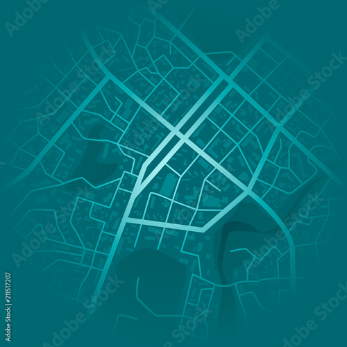 Print with town topography. Abstract blue city map. City residential district scheme. City district plan. vector