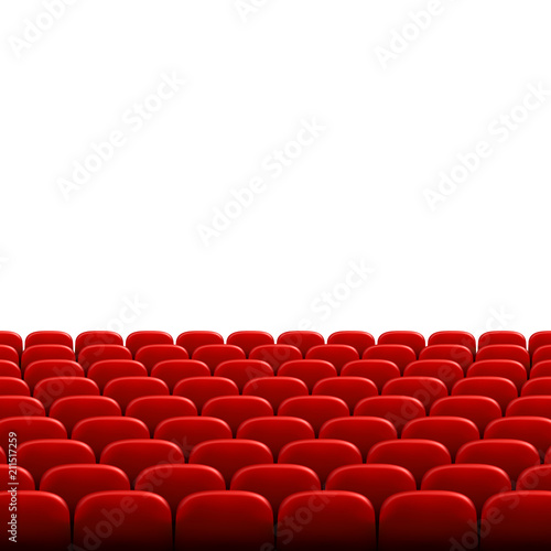 Rows of red cinema or theater seats in front of white blank screen. Wide empty movie theater auditorium with red seats. Vector illustration