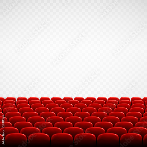 Wide empty theater auditorium with red seats. Rows of red cinema or theater seats in front of transparent background. Vector illustration