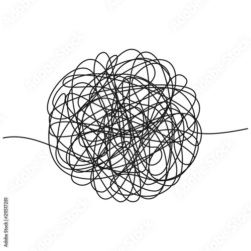 Hand drawn tangle of tangled thread. Sketch spherical abstract scribble shape. Chaotic black line doodle. Vector illustration isolated on white background