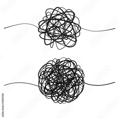 Set of complicated black line way.  Hand drawn tangle of tangled thread. Sketch spherical abstract scribble shape. Vector illustration isolated on white background