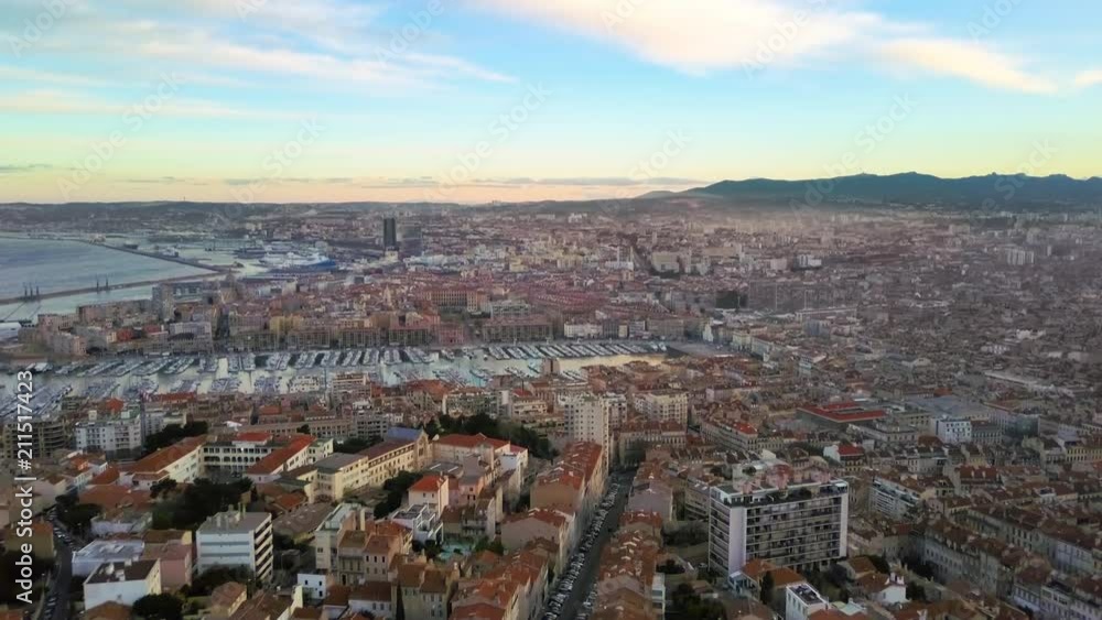 marseille aerial view at sunrise flight to city center marseille aerial view at sunrise flight to city center