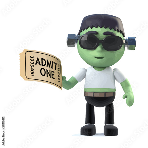 Vector 3d Funny Halloween Frankenstein monster character has a ticket to the show