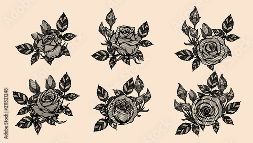 Rose vector lace by hand drawing.Beautiful flower on brown background.Rose lace art highly detailed in line art style.Flower tattoo on vintage paper.